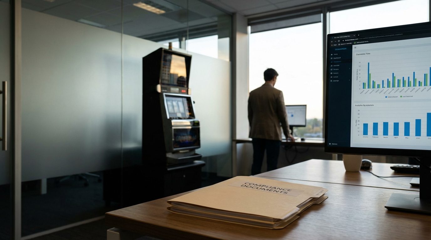 A wide view of an analytics office corner with compliance folders and a slot cabinet silhouette representing gamification in igaming.