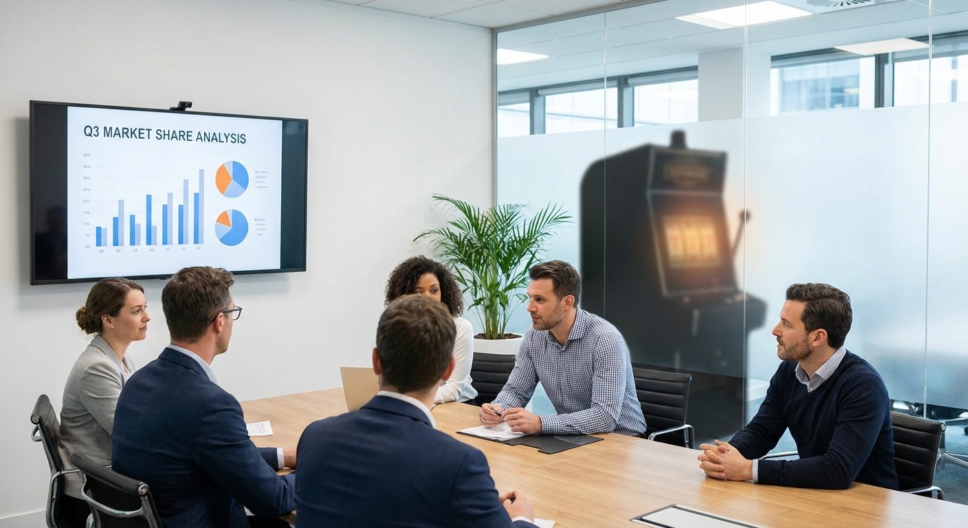 An executive team reviews GGR performance reports and market share data in a boardroom meeting.