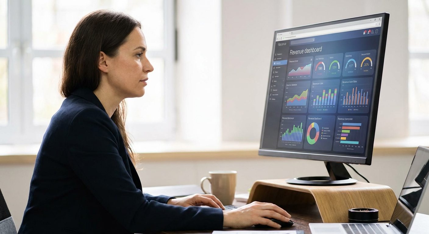 An operator reviews revenue hold metrics on a dashboard in a professional office setting.