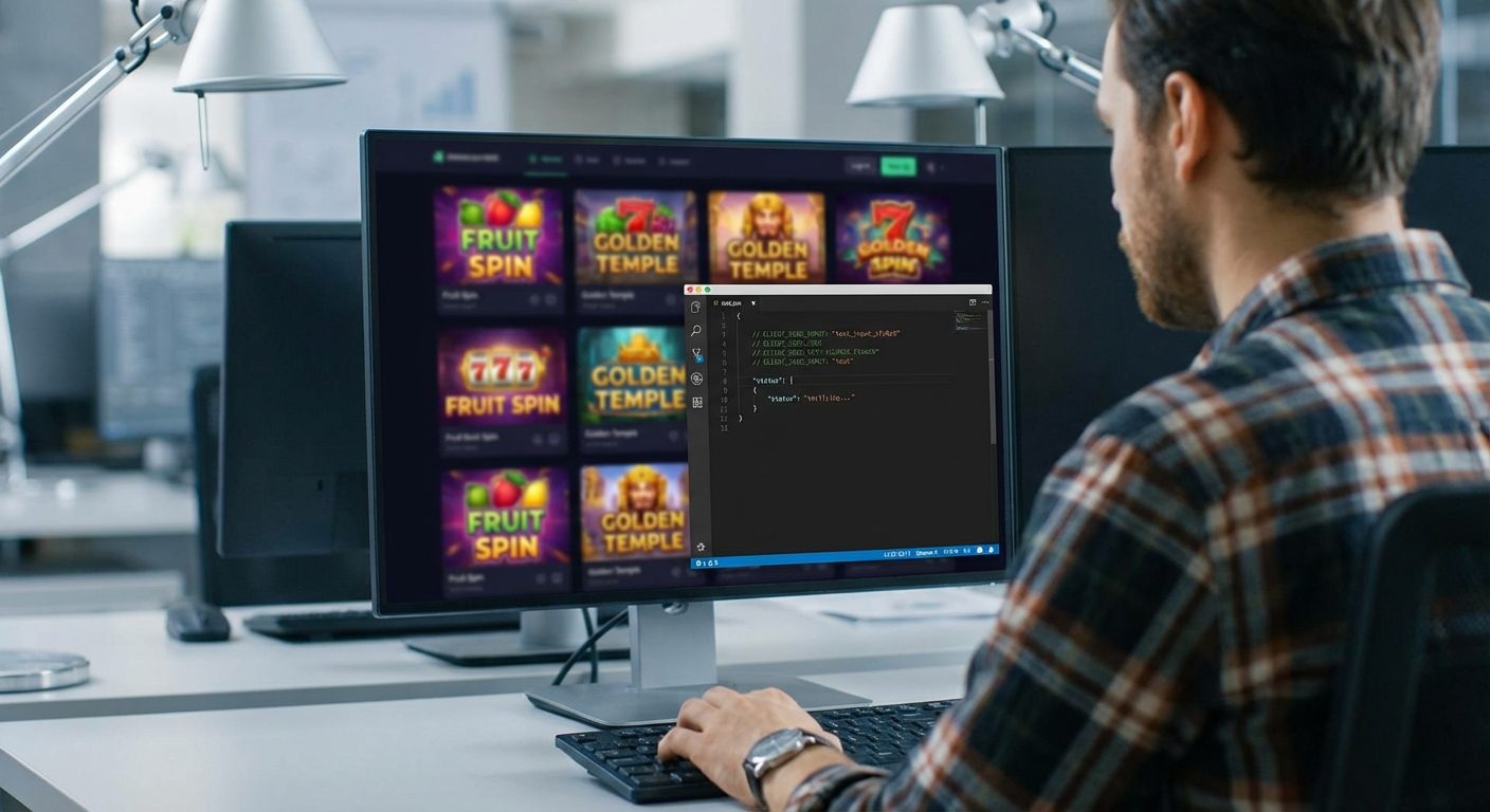 An over the shoulder view of a technician validating cryptographic seed inputs on a monitor for a modern provably fair casino platform.
