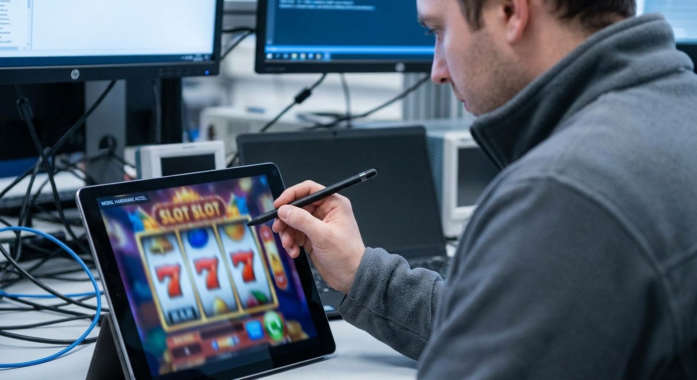 An over-the-shoulder view of a developer conducting cross-device performance tests on a tablet with a casino game interface visible.