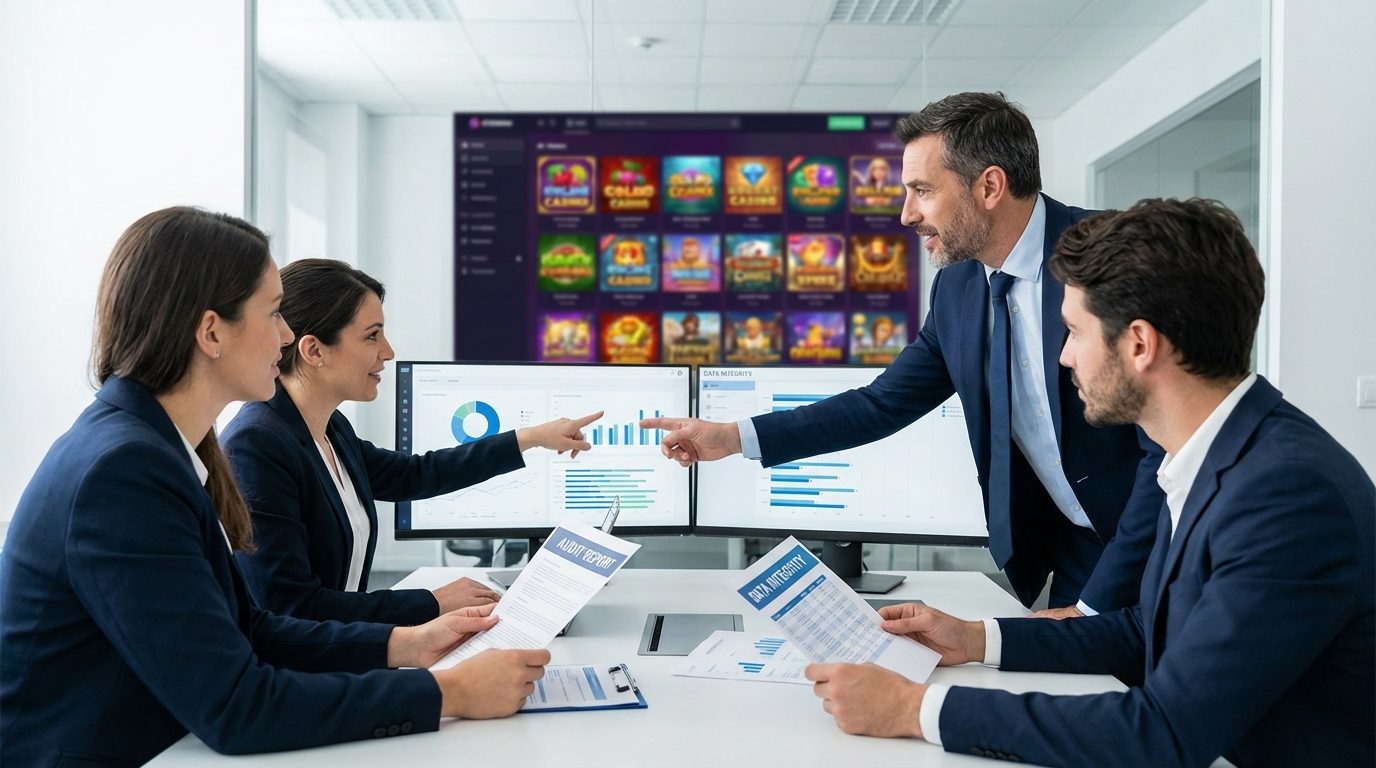 Compliance officers review data integrity reports for online casino fraud detection in a wide shot of a modern professional office.