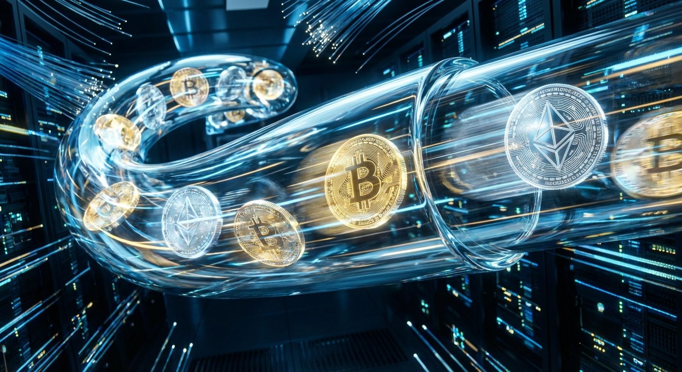 Conceptual visualization of digital currency tokens flowing through a transparent glass pipe, symbolizing instant and transparent payouts.