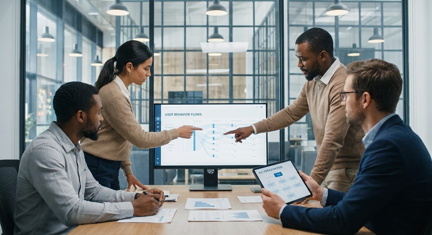 Product managers analyze behavioral data and compliance workflows to address iGaming trends in a professional corporate office environment.