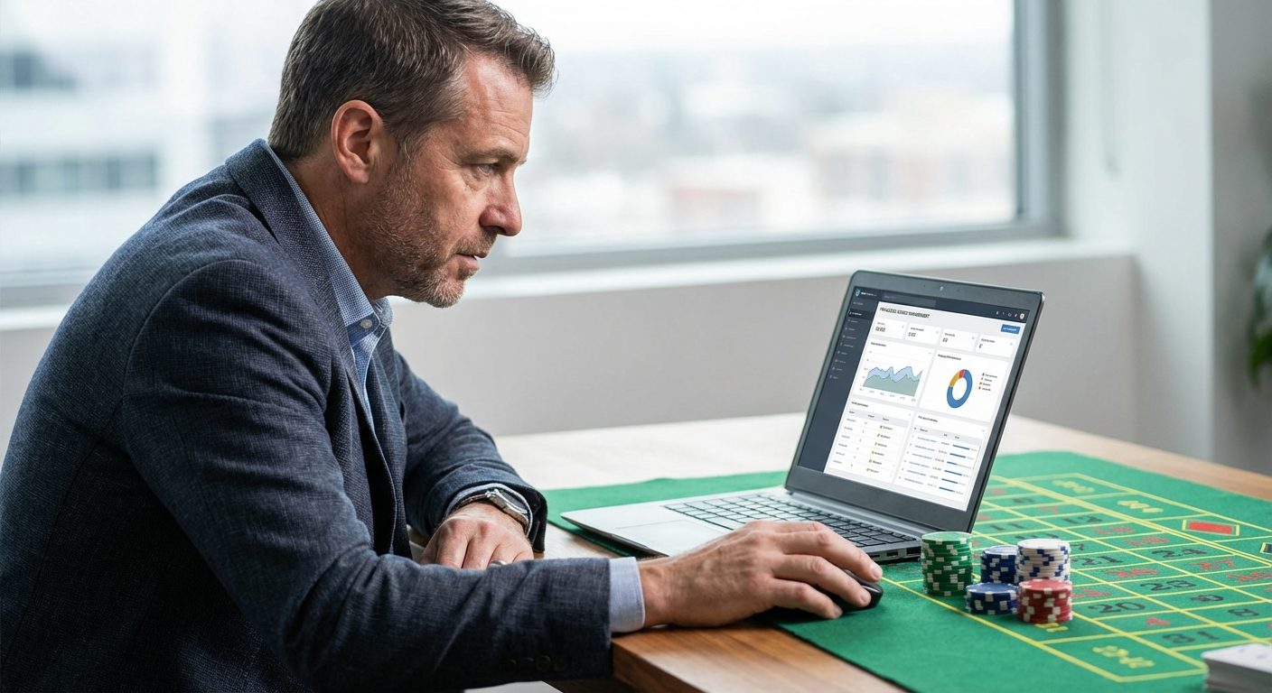 Professional manager reviewing technical platform data for self exclusion gambling on a laptop in a focused office setting.