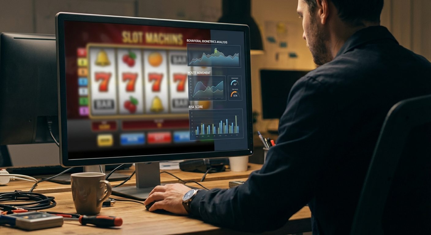 Technician performs behavioral biometrics analysis for online casino fraud detection while viewing a blurred slot game interface on a monitor.