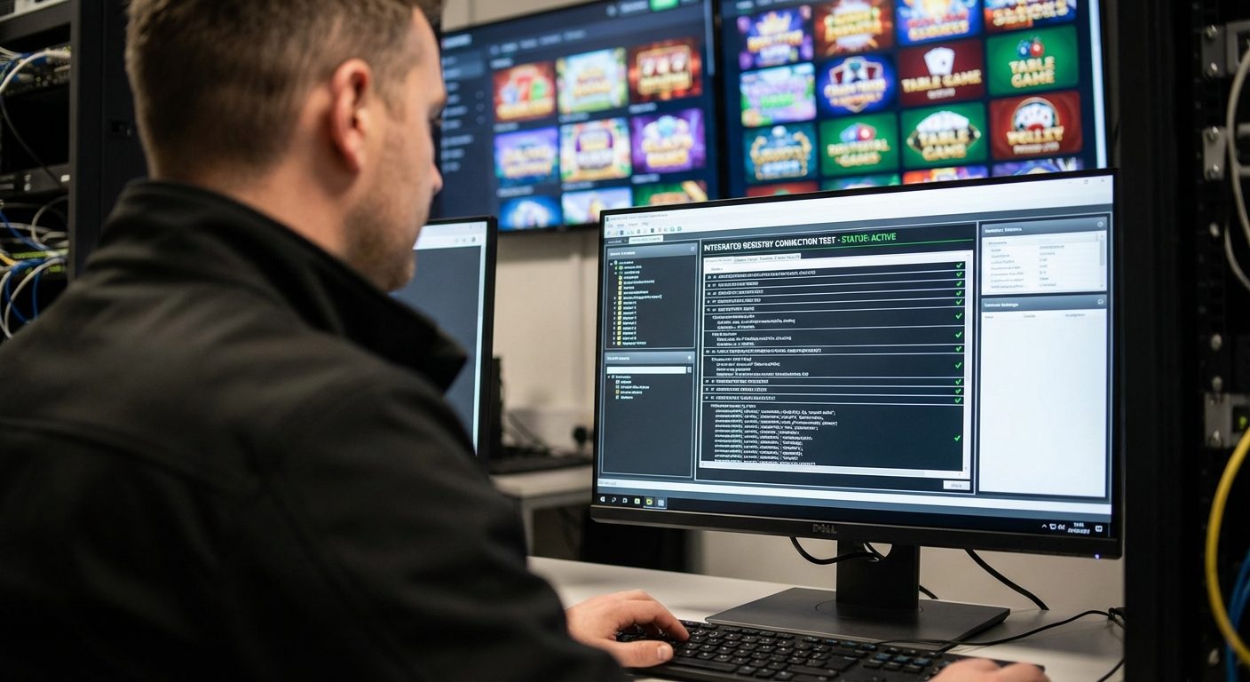 Technician testing the integrated registry connection for self exclusion gambling logic on a backend system with professional monitors.