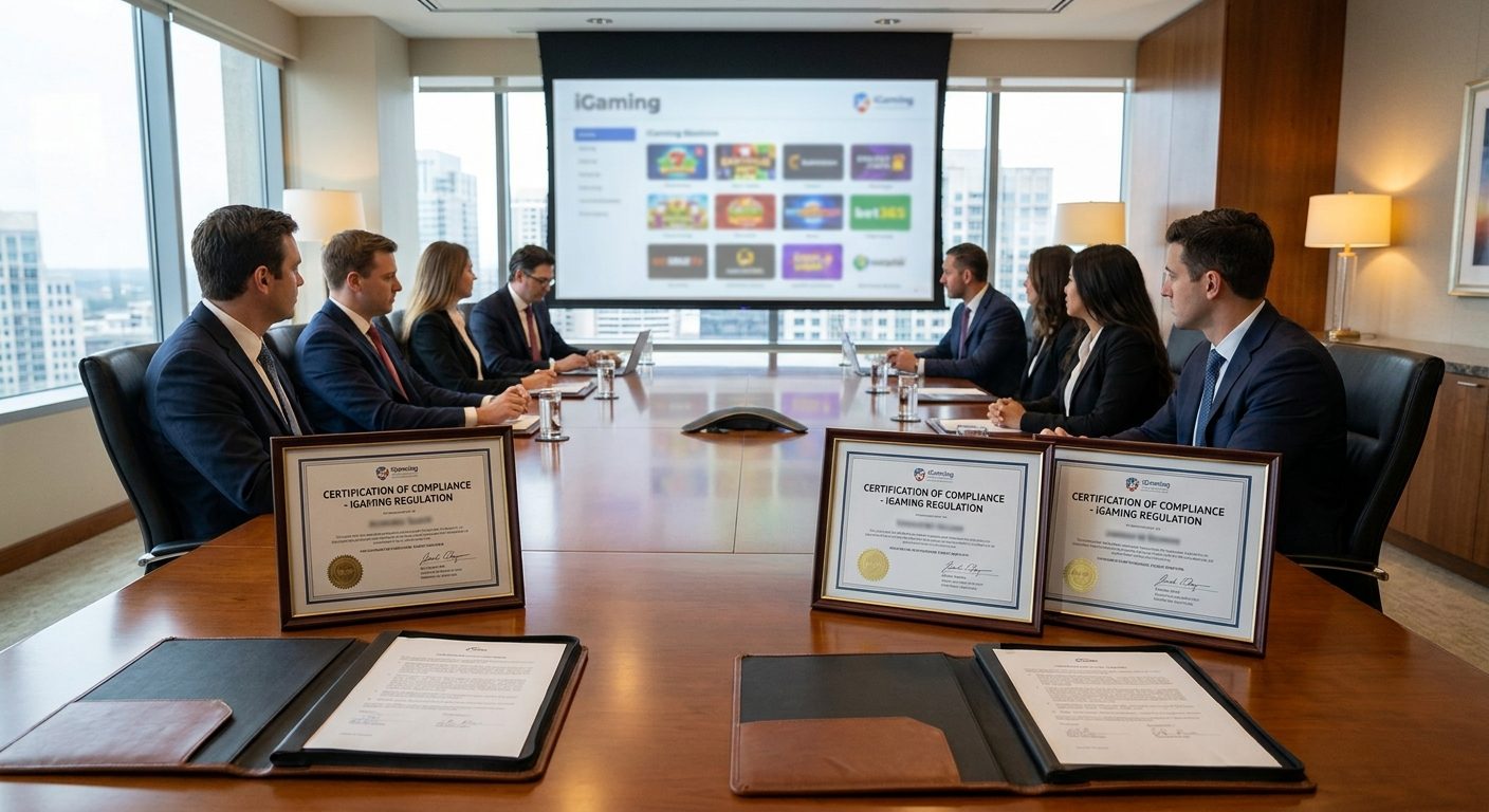 Wide shot of a professional office setting with compliance documentation and certification binders visible next to a blurred game lobby screen.
