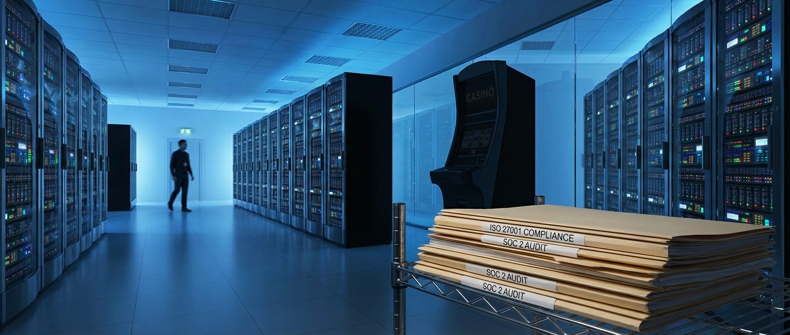 Wide view of a professional server infrastructure area equipped with technical certification documents for maintaining a secure and scalable provably fair casino.