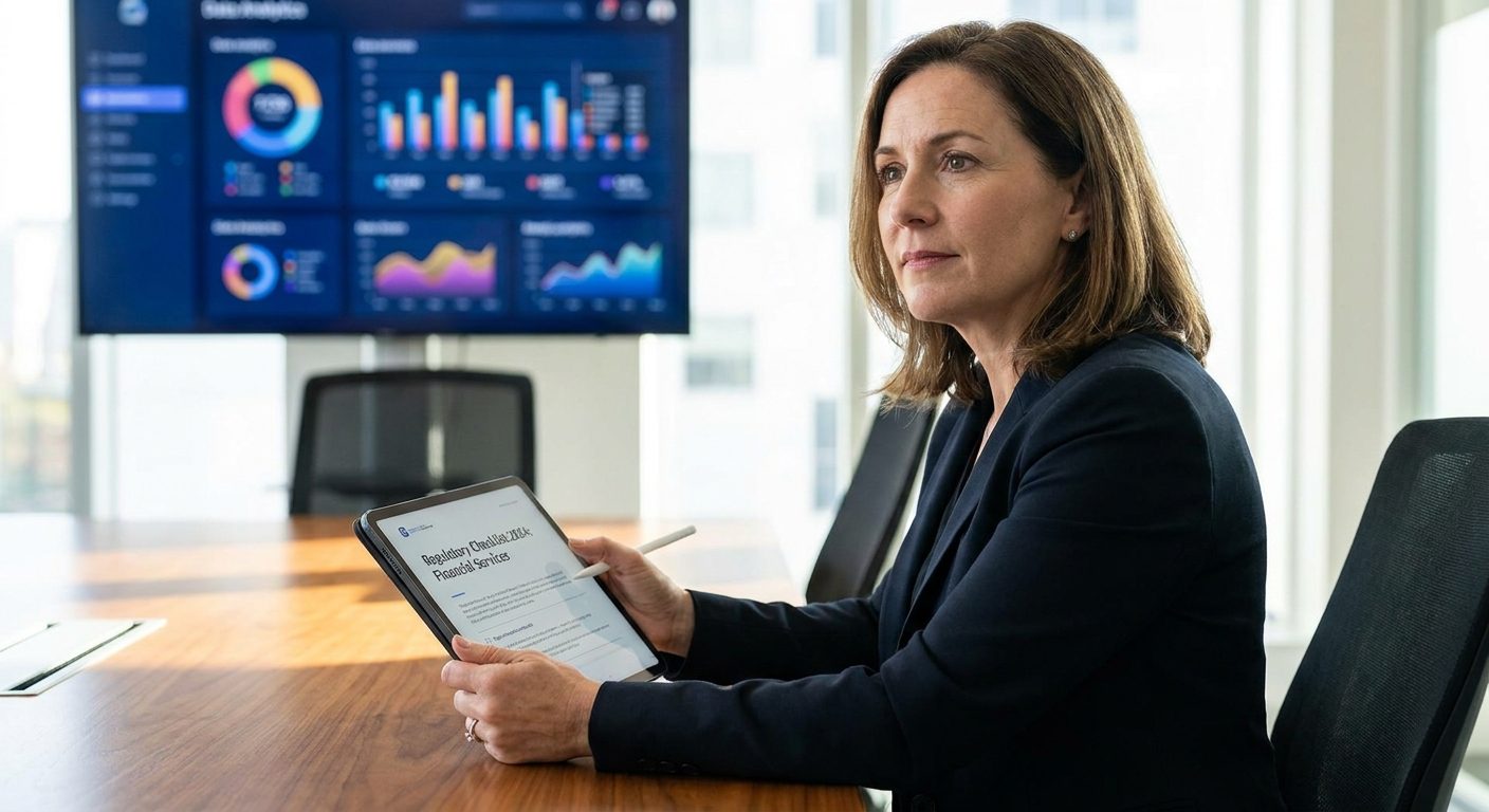 A compliance officer reviewing sports betting regulation requirements with an iGaming data analytics dashboard in the background.