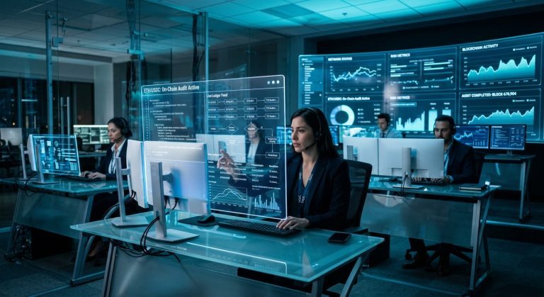 A futuristic digital command center with transparent glass screens showing real-time blockchain auditing data for a global gaming network.
