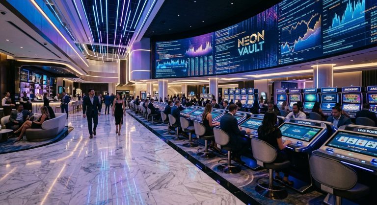 A high-end, futuristic casino interior with digital displays and glowing blue blockchain nodes, 8k resolution realistic photograph.