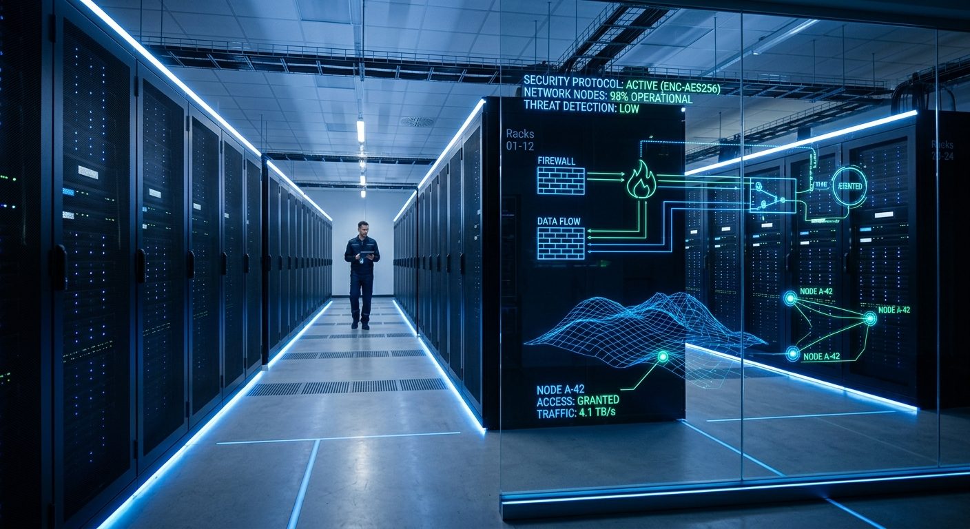 A high-tech data center with glowing server racks representing blockchain infrastructure.