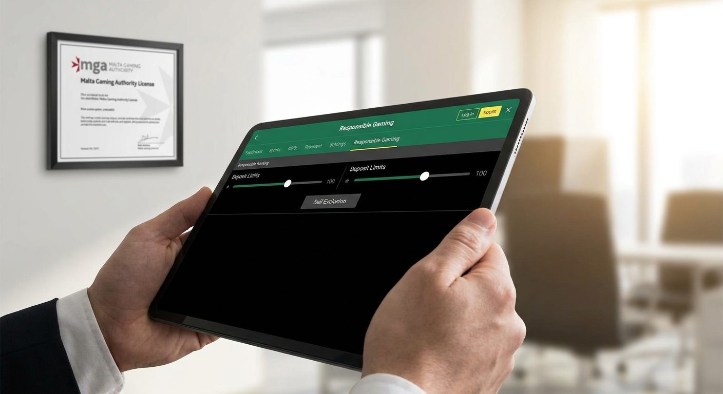 A sports betting platform UI showcasing responsible gambling tools, with a Malta Gaming Authority license visible.