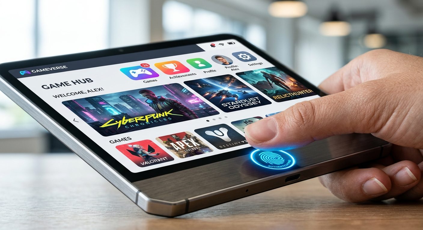 Close-up of a biometric thumbprint scanner on a gaming tablet with a modern interface.