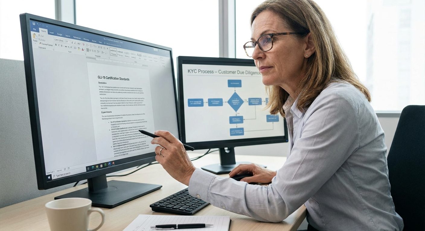 Compliance officer reviewing GLI technical standards and KYC verification on screen.