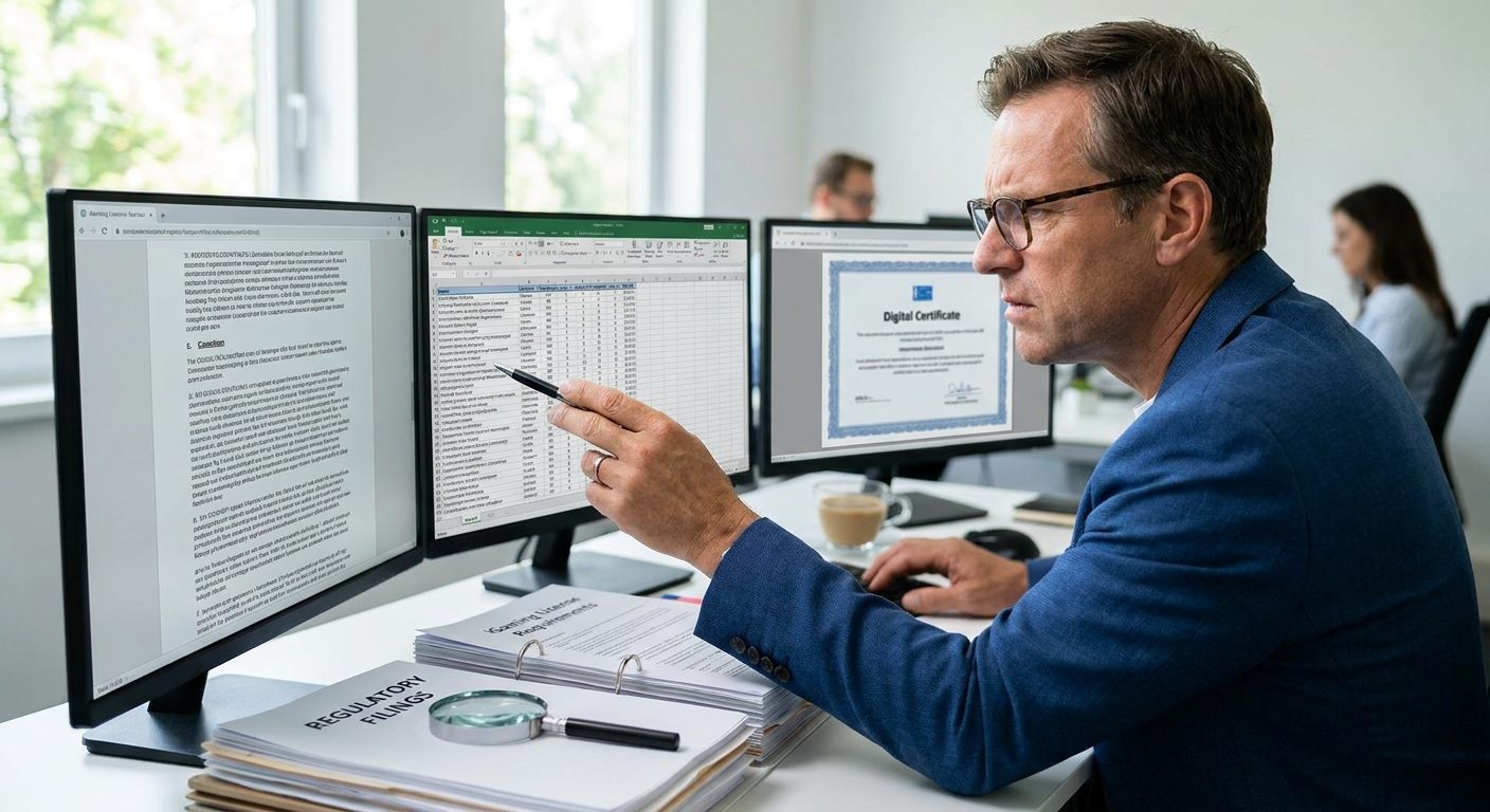 Compliance specialist reviewing iGaming license requirements and regulatory documents on a workstation.