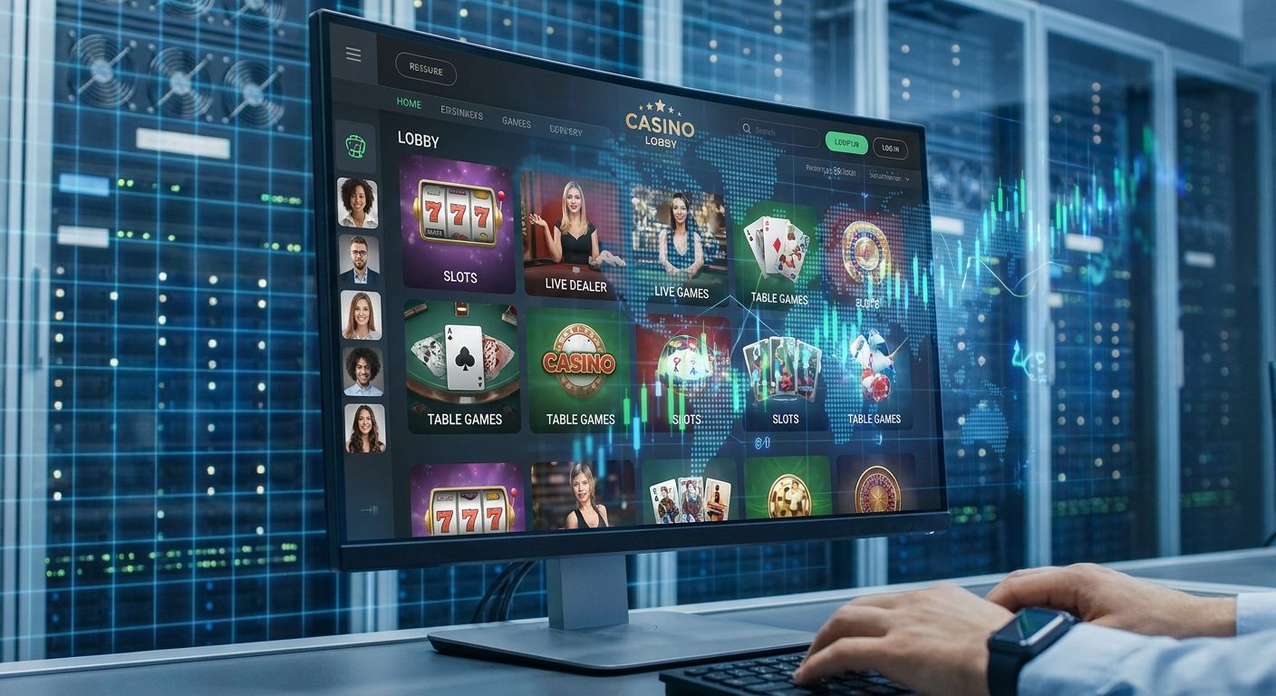 Comprehensive iGaming platform showing diverse game types and server infrastructure in a data center, relevant to KGC hosting requirements.