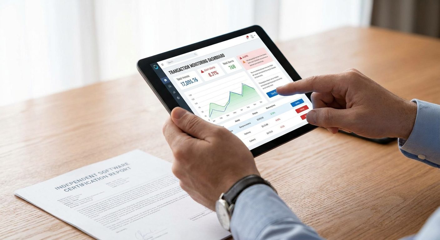 Hands analyzing a digital transaction monitoring interface, ensuring AML/KYC compliance for an iGaming operation.
