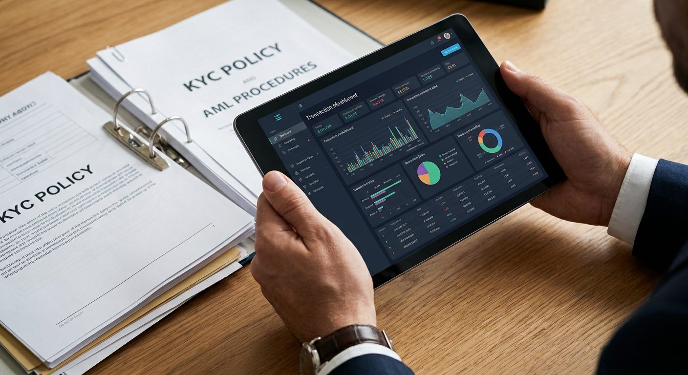 Hands using a tablet for transaction monitoring, with KYC and AML policy documents visible.