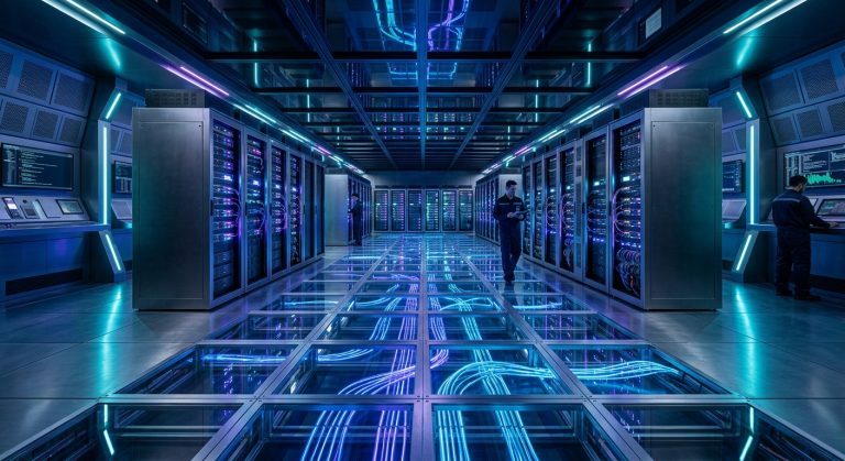 High-tech blockchain server room with glowing fiber optic cables representing a Layer-3 network.