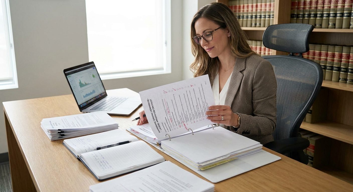 iGaming professional reviewing a Kahnawake Gaming Commission Client Provider Authorization application checklist at a workstation.