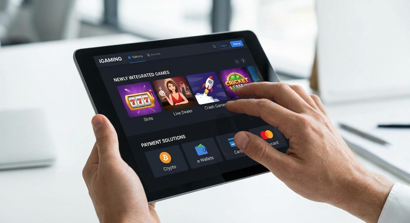 Integrated iGaming platform UI on a tablet, displaying game aggregator content and payment solutions.