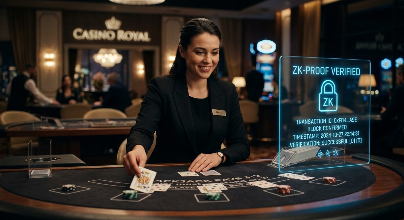 Live dealer blackjack table with a transparent digital screen showing real-time ZK-proof data.