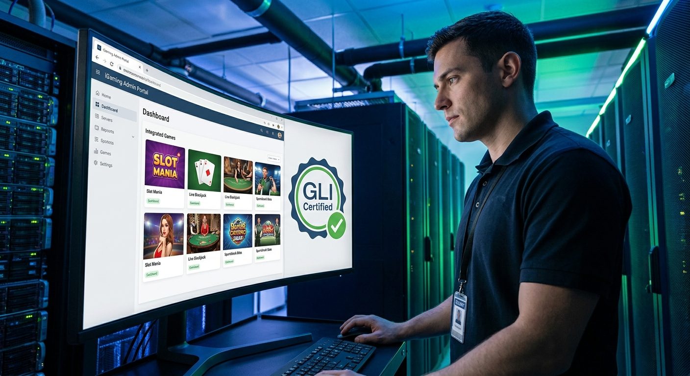 Modern iGaming platform backoffice displaying GLI certified games in a secure data center.