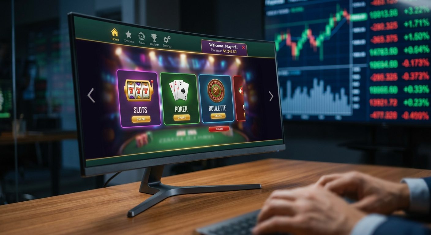 Operational iGaming platform displaying a casino game lobby and financial performance metrics.