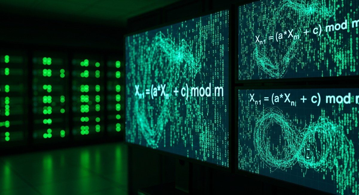 PRNG linear congruential generator formula visualized as data streams in a server room