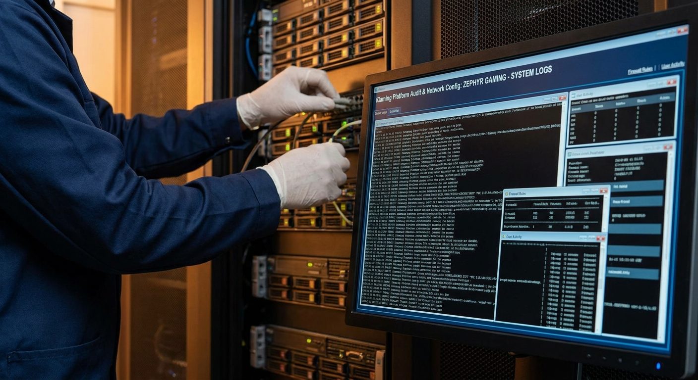 Technical expert conducting a system audit of an iGaming platform's server infrastructure.