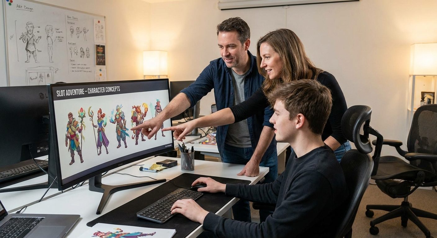 Art directors reviewing slot game art character designs and visual mockups on a screen.