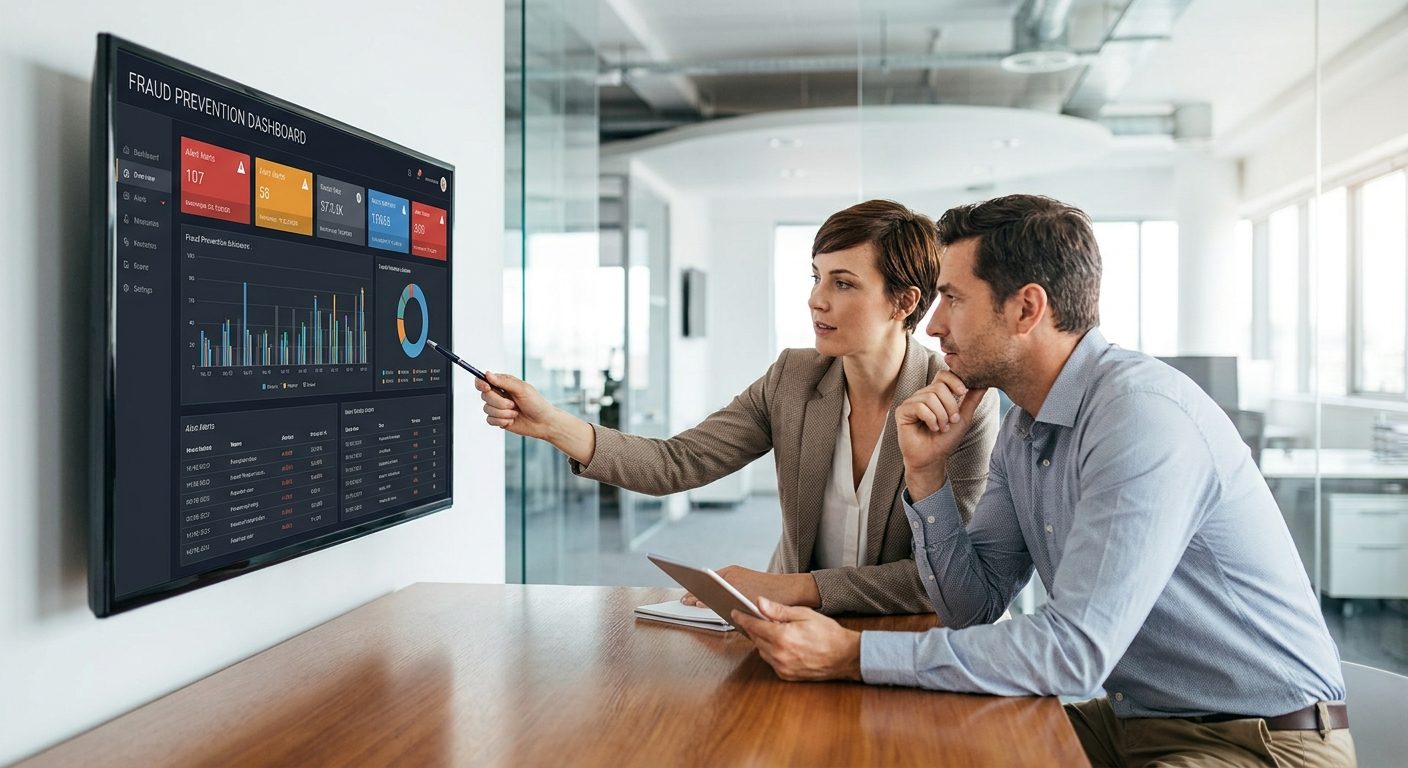 Compliance officer and risk analyst reviewing a sportsbook risk management fraud prevention dashboard.
