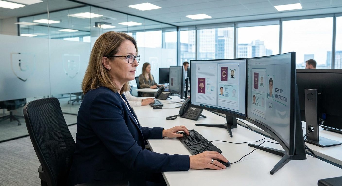 Compliance officer reviewing player identity documents during casino KYC at an iGaming workstation.