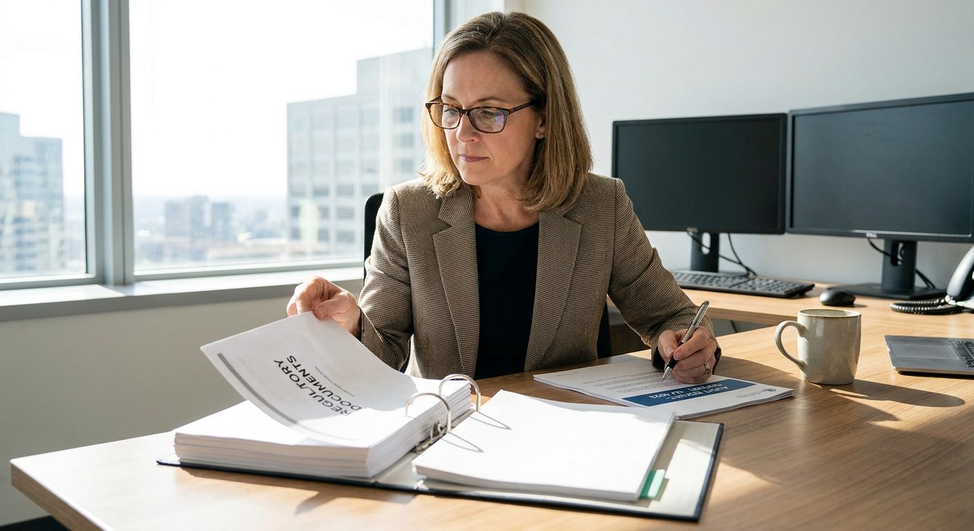 Compliance officer reviewing Isle of Man gaming license documents and an iGaming audit report at a desk.