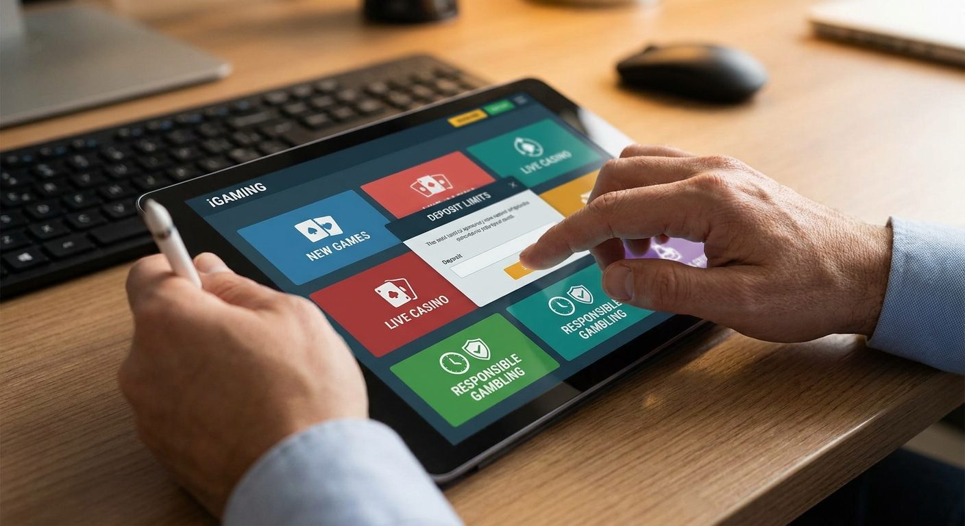 Developer's hands integrating game content into a modular iGaming platform UI for responsible gambling.