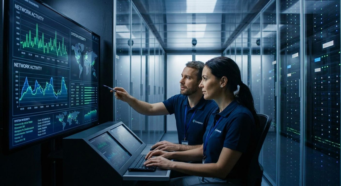 Engineers monitoring secure iGaming server racks in a data center for technical compliance.