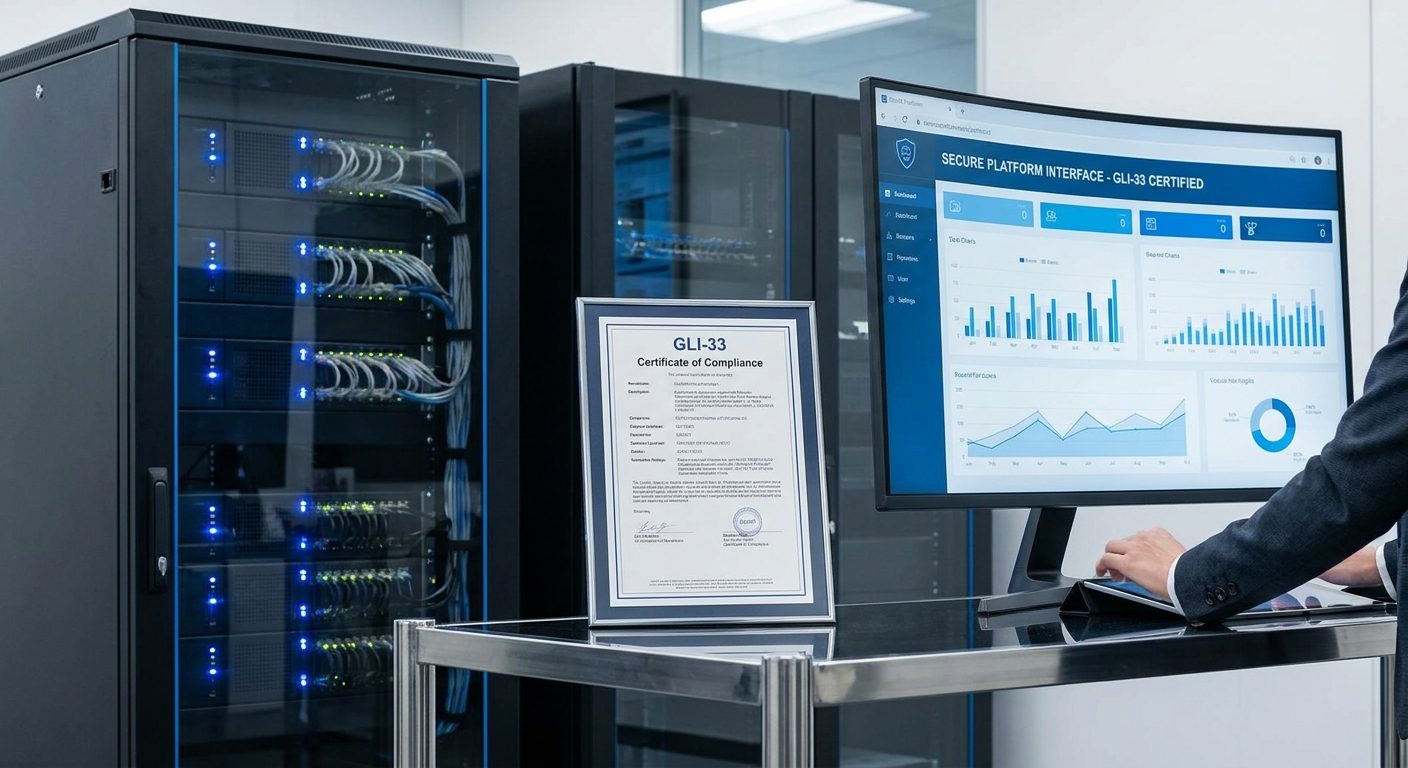 GLI-33 certification document next to a secure iGaming server rack and platform UI.
