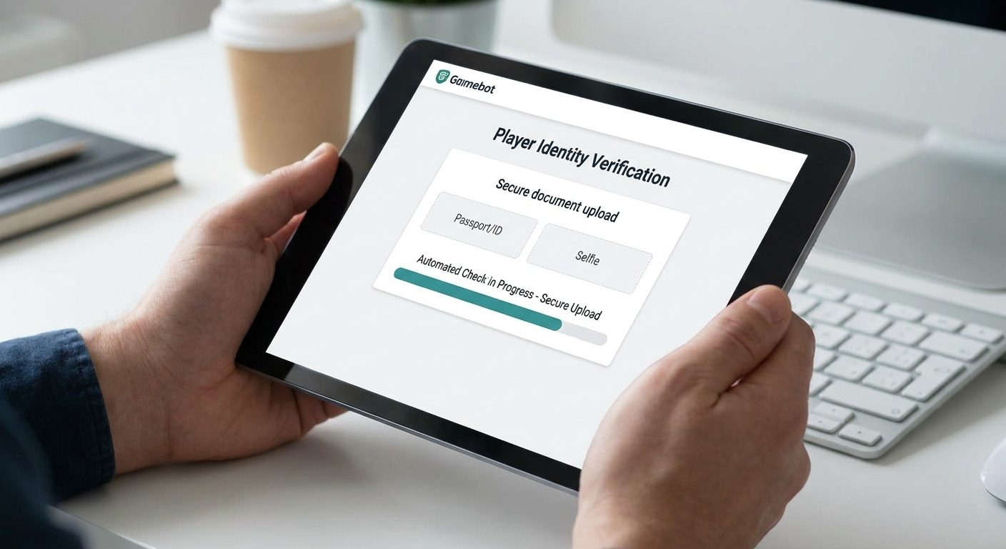 Hands using a tablet for secure player identity document upload during KYC checks.