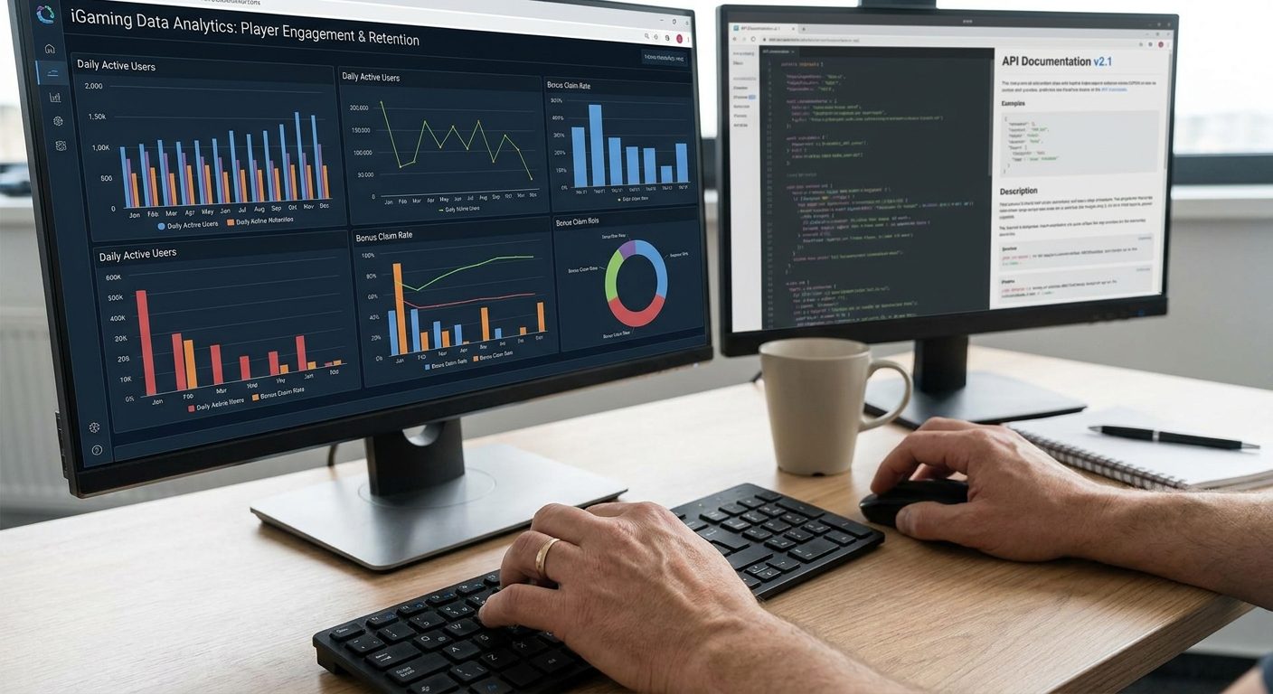 iGaming CTO evaluating player engagement technology on an analytics dashboard with API integration pathways.