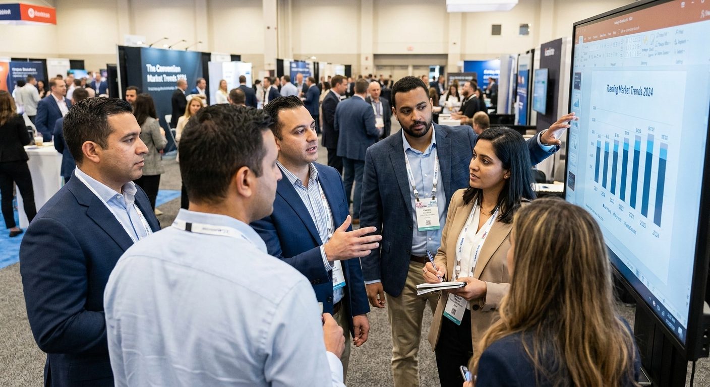 iGaming operators and compliance officers discussing market intelligence during a G2E Las Vegas conference session.