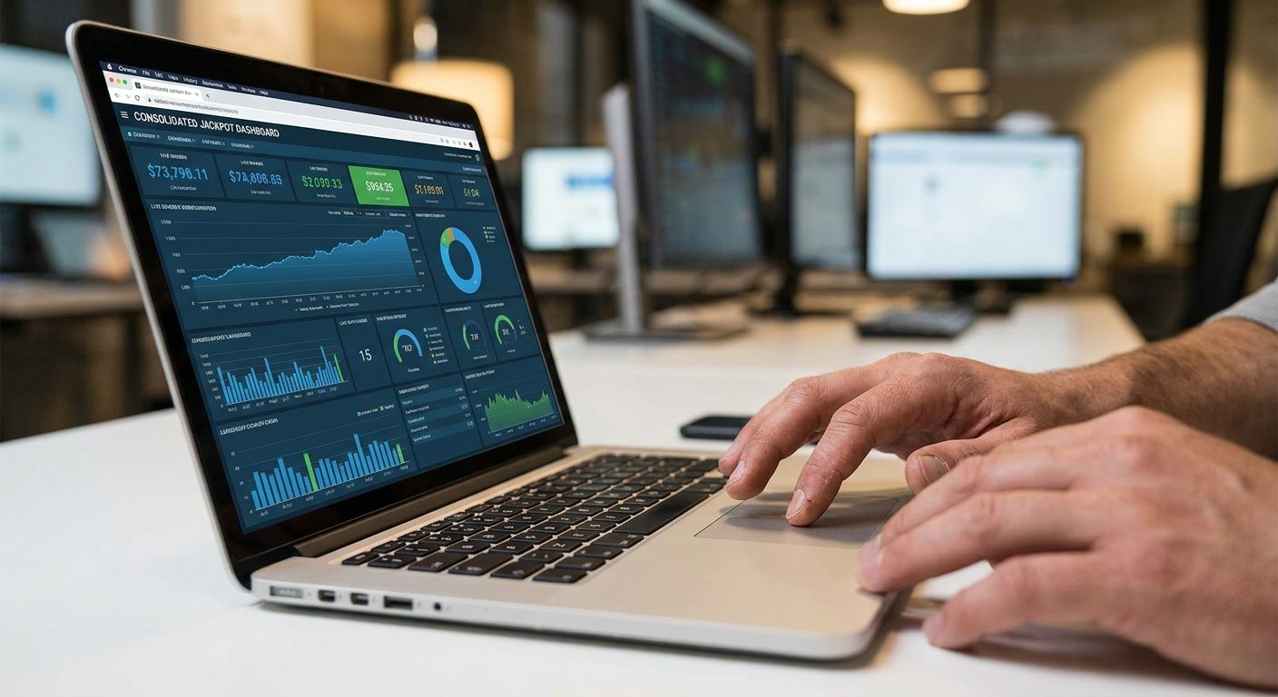 iGaming product manager reviews jackpot aggregator campaign performance on a detailed analytics dashboard.