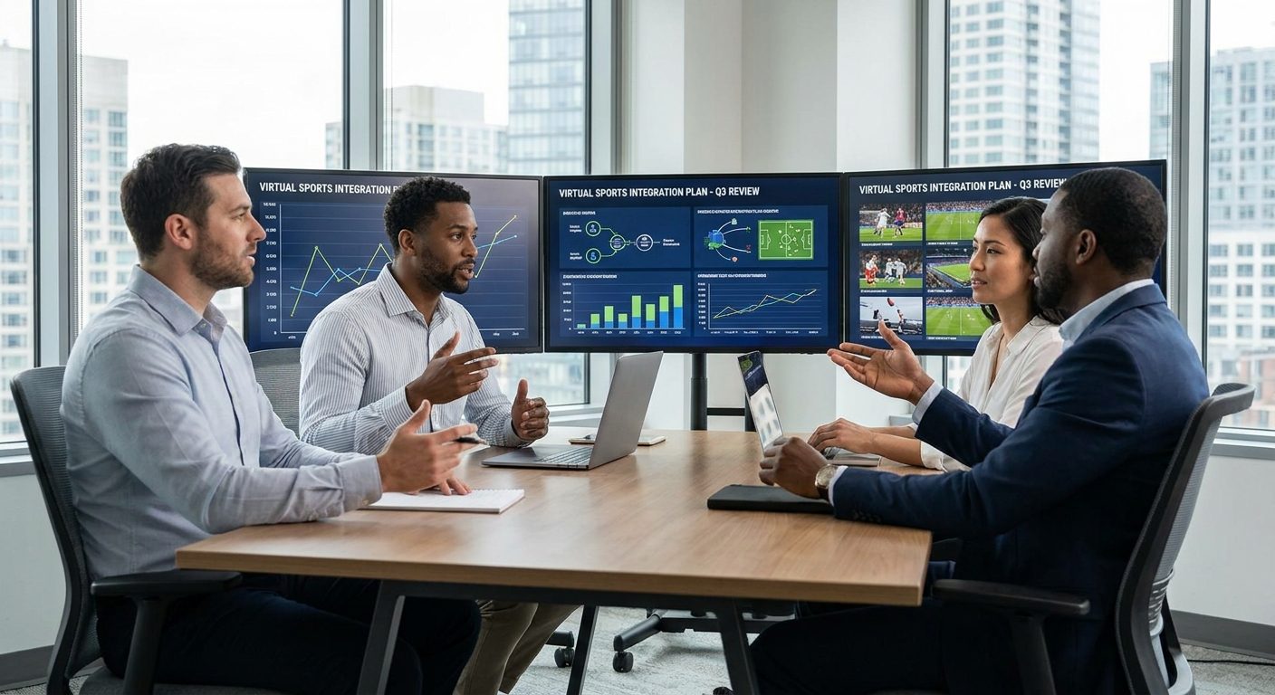 iGaming specialists discussing virtual sports betting integration strategy at a modern workstation with compliance documents.