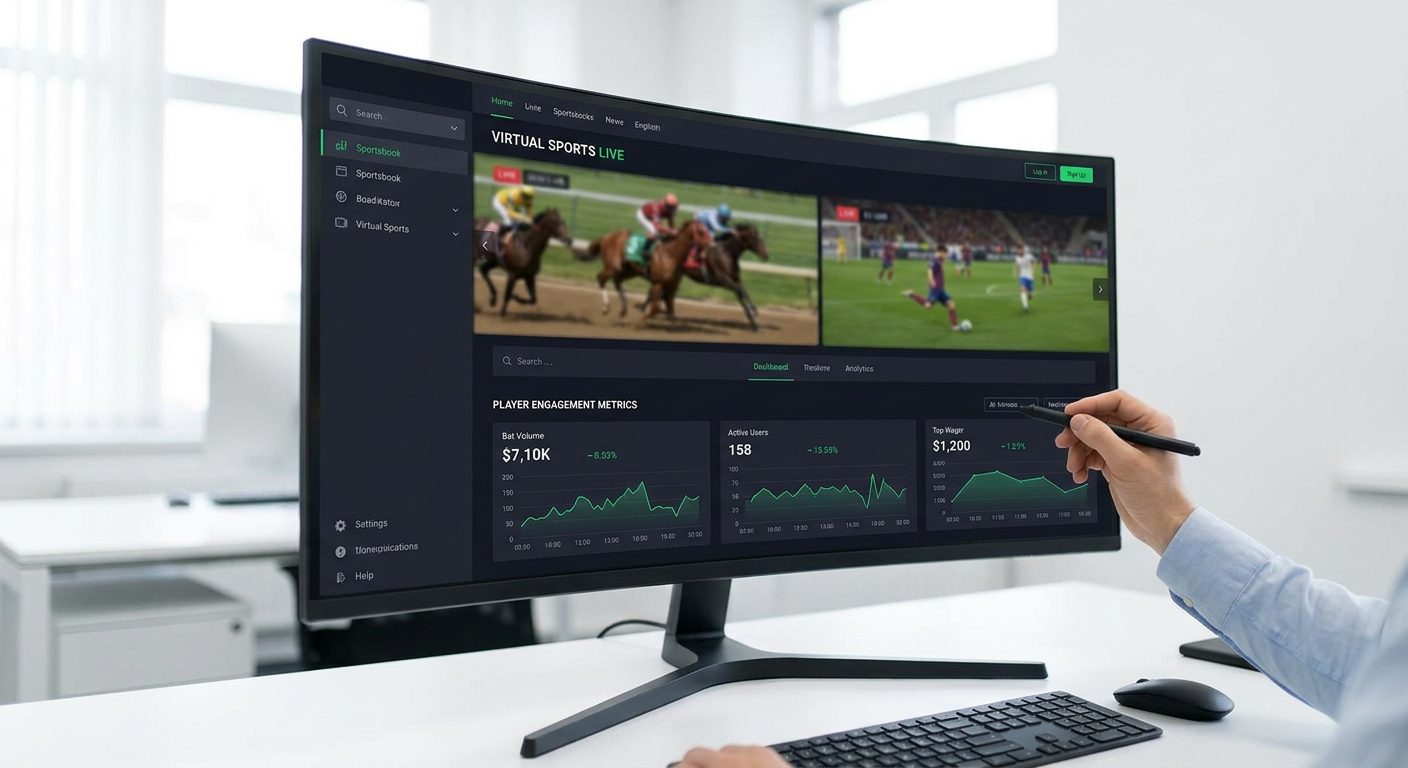 Modern sportsbook dashboard showing active virtual sports events and real-time player engagement analytics.