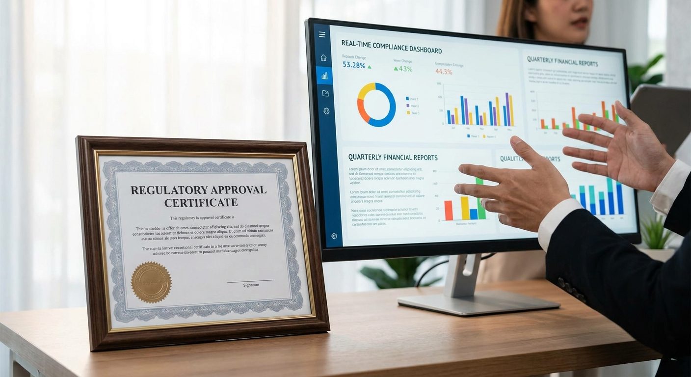Certificado de aprobación regulatoria junto a una pantalla con paneles de cumplimiento e informes financieros.