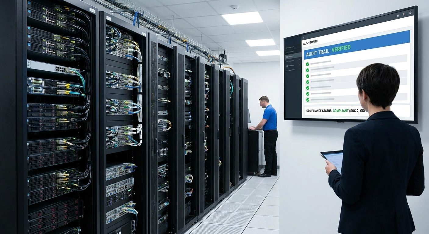 Server racks and a digital compliance checklist ensure regulatory adherence for iGaming operations.