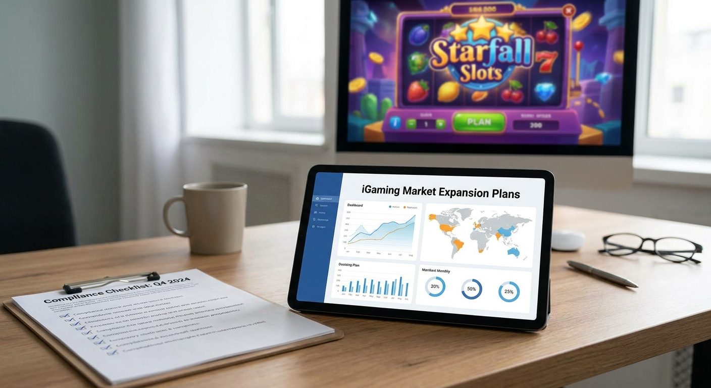 Strategic plan for iGaming market entry, with regulatory compliance checklist and new platform UI.