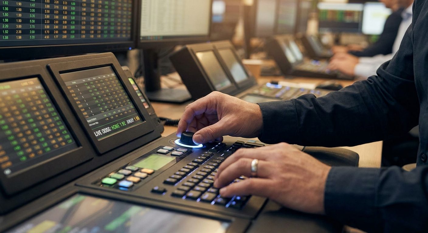 Trader's hands adjusting real-time betting odds on a sports betting software interface.