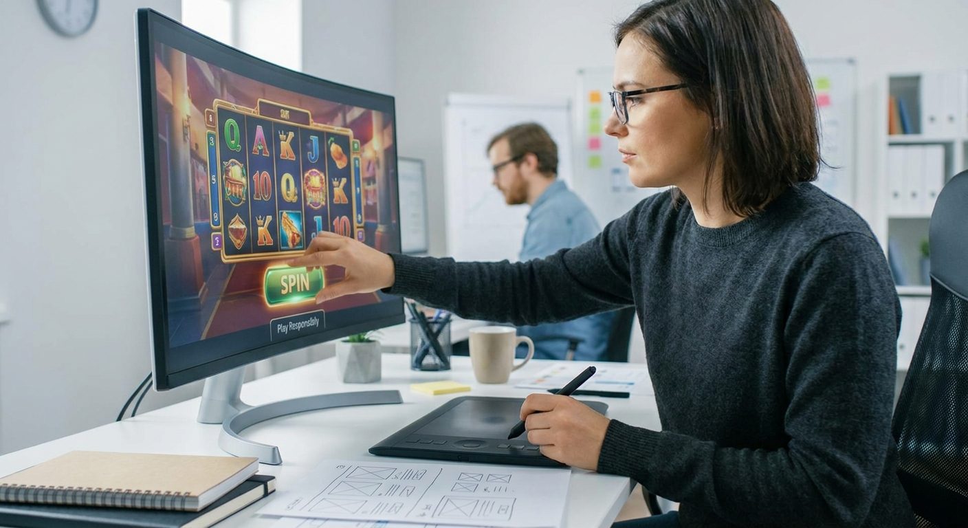 UI/UX designer integrating responsible gaming information into a new slot interface.